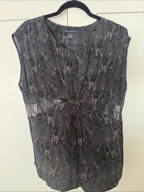French Connection Black Lace-Overlay Knot Front Blouse